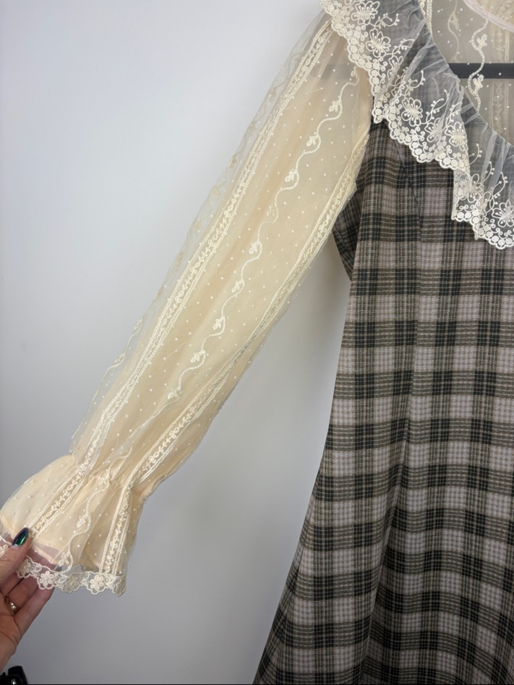 Bec & Xin Plaid Lace Dress Ruffle Collar Cottagecore Romantic Mini Size small - Picture 3 of 8